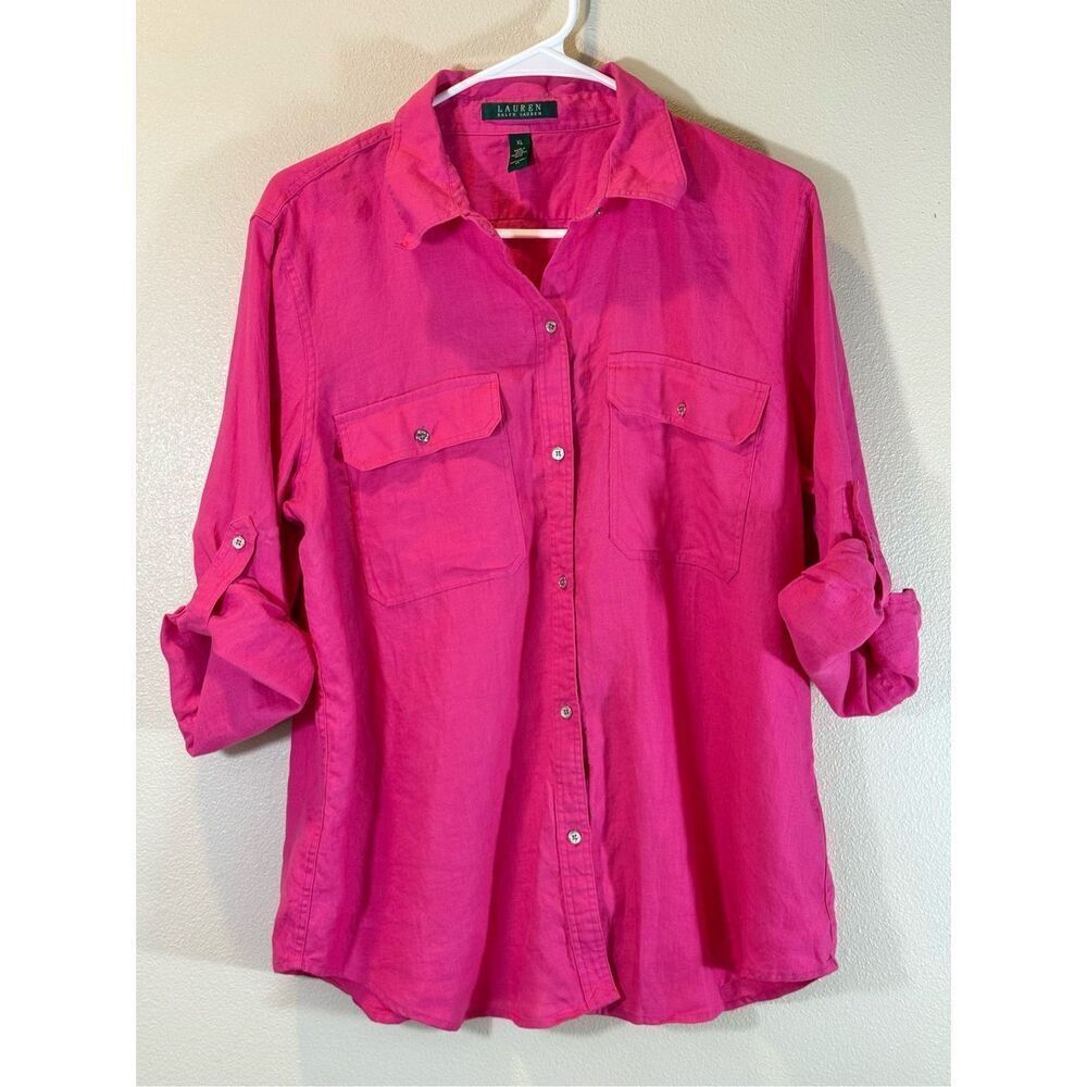Lauren Ralph Lauren Roll-Tab-Sleeve 100% Linen Bright Pink Long Sleeve Shirt XL